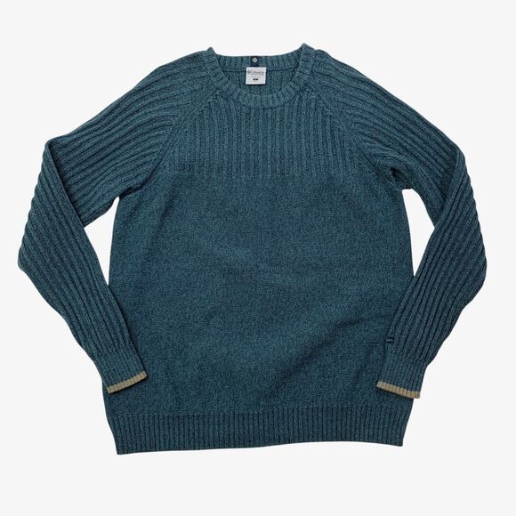 Vintage Columbia Sweater Mens L Large Teal Raglan Ribbed Knit Cotton Pullover - Picture 1 of 12